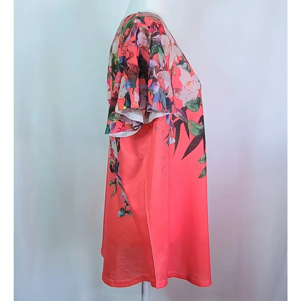 2/$15 Time and Tru Coral Floral Watercolor Sublimation Print Top XXL Lace Back